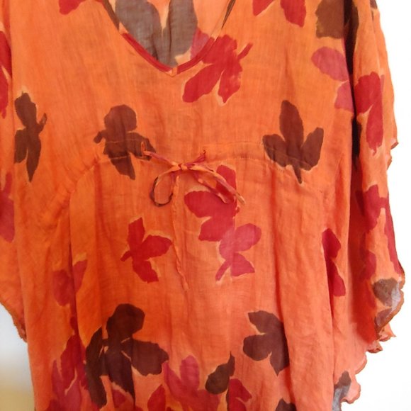 Winter Sun orange fall leaves 100% linen butterfly sleeve Medium - Picture 7 of 9